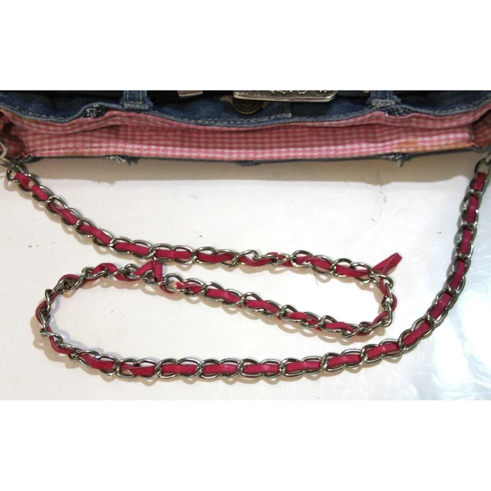Denim Jean Purse Belt Key Chain Pink Flower Embellished Y2K Shoulder Trendy Bag